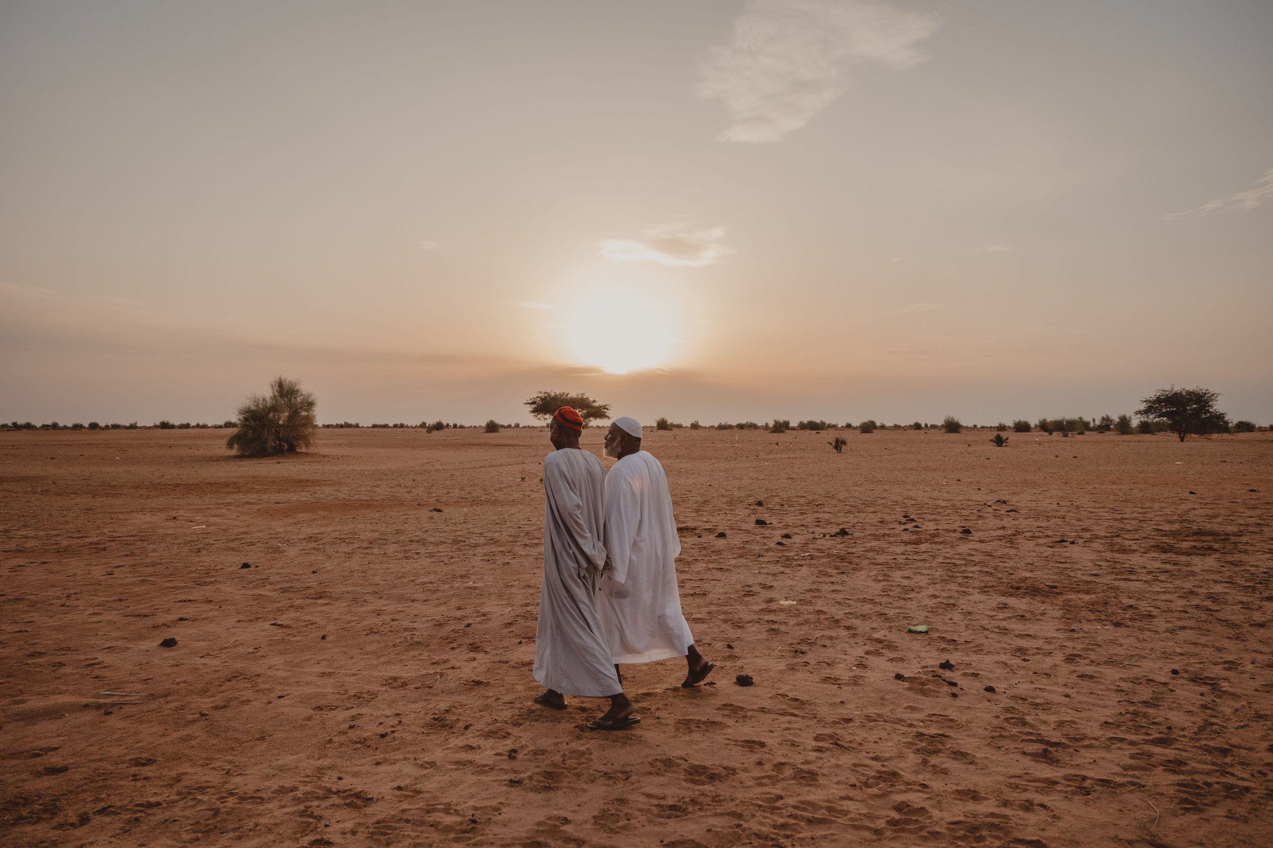 Two elderly men walking together across the desert at sunset