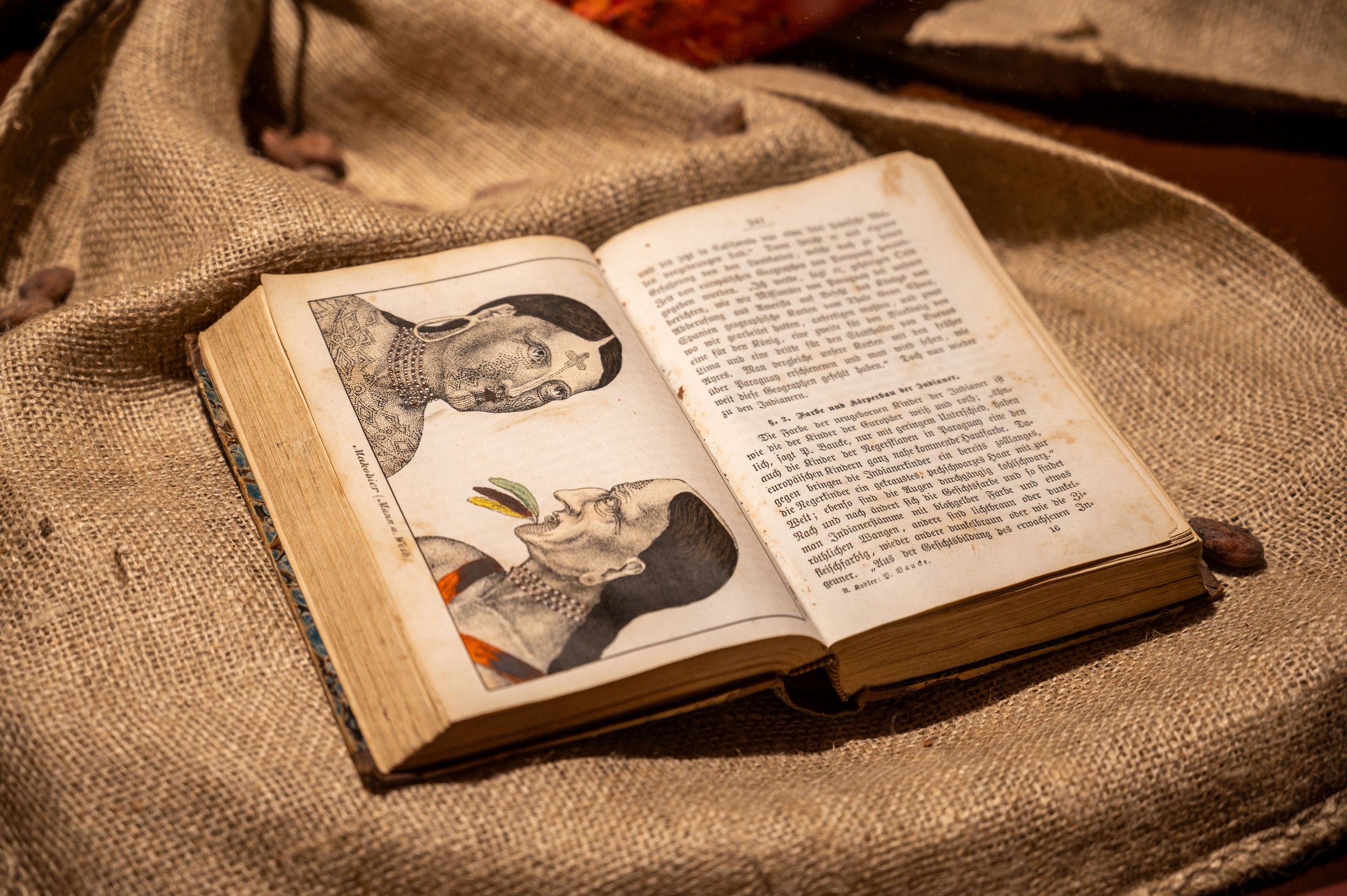 An open antique illustrated book resting on a burlap sack